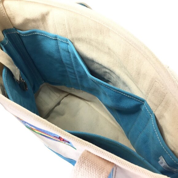 Lands End Canvas Tote NWT Embroidered Rainbow Open Top Natural Turquoise Medium - Picture 9 of 10
